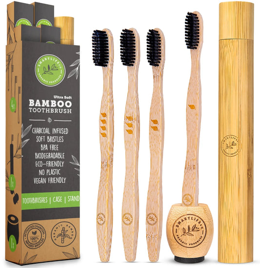 Bamboo Charcoal Toothbrushes (4 Pack) Soft Bristle Edition