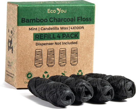 Bamboo Charcoal Dental Floss (Mint & Candelilla Wax | Vegan (4 Refills Pack)
