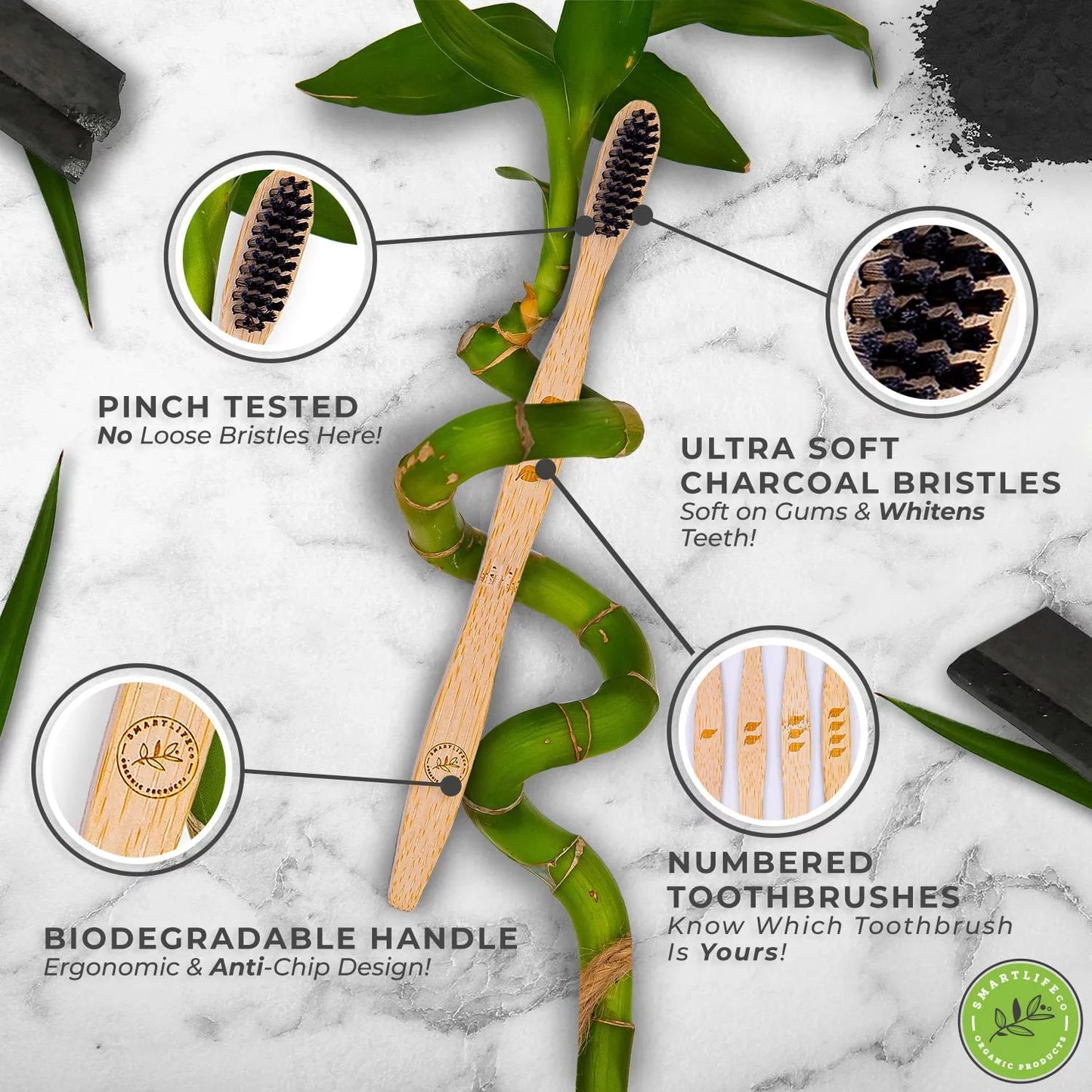 Bamboo Charcoal Toothbrushes (4 Pack) Soft Bristle Edition